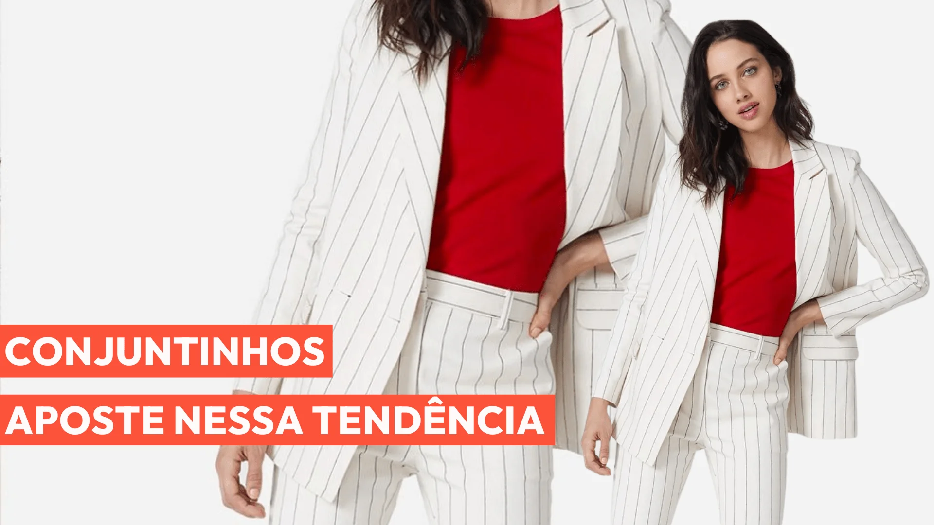 imagem com fundo branco e colagem de modelo com roupa listrada e vermelha com texto vermelho em destaque.