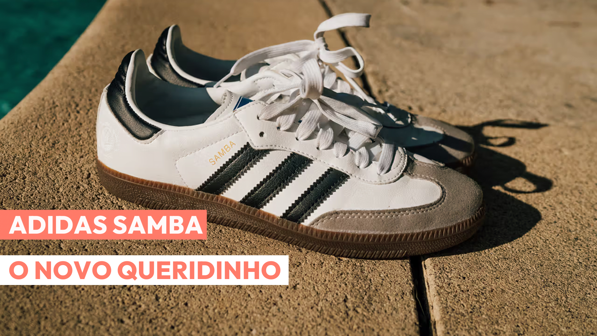 Imagem do tênis Adidas Samba em destaque com o texto tema em vermelho e branco.