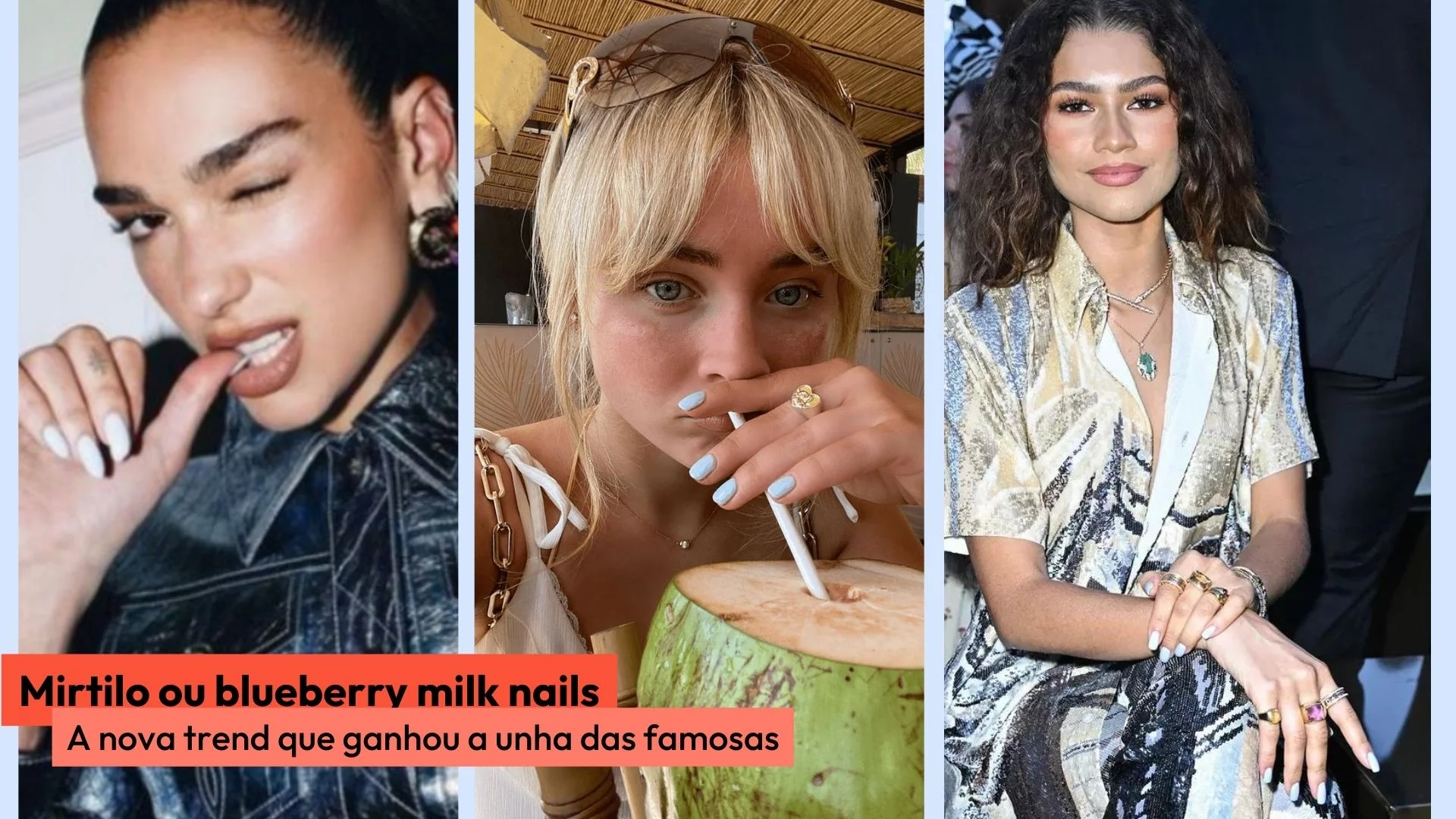 Colagem com famosas exibindo suas unhas na cor mirtilo milk nails com texto na parte inferior esquerdo.