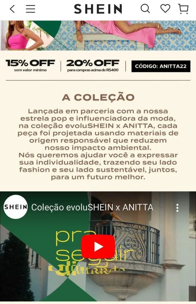 Campanha de coleção sustentável entre Shein e Anitta. 
