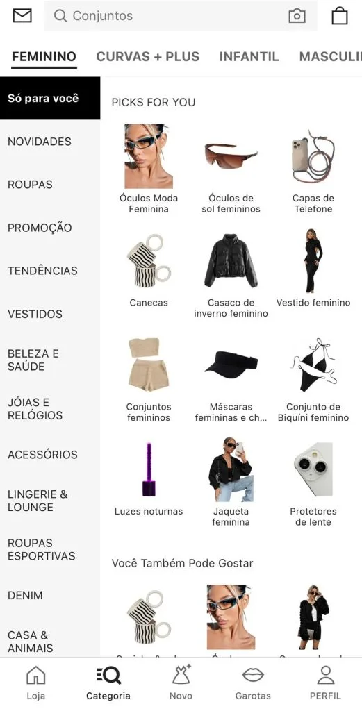 Print da tela de produtos dentro do aplicativo da Shein. 