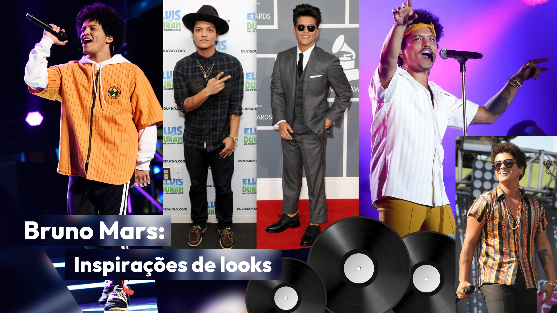 Colagens do cantor Bruno Mars indicando os diversos estilos que o cantor já teve.