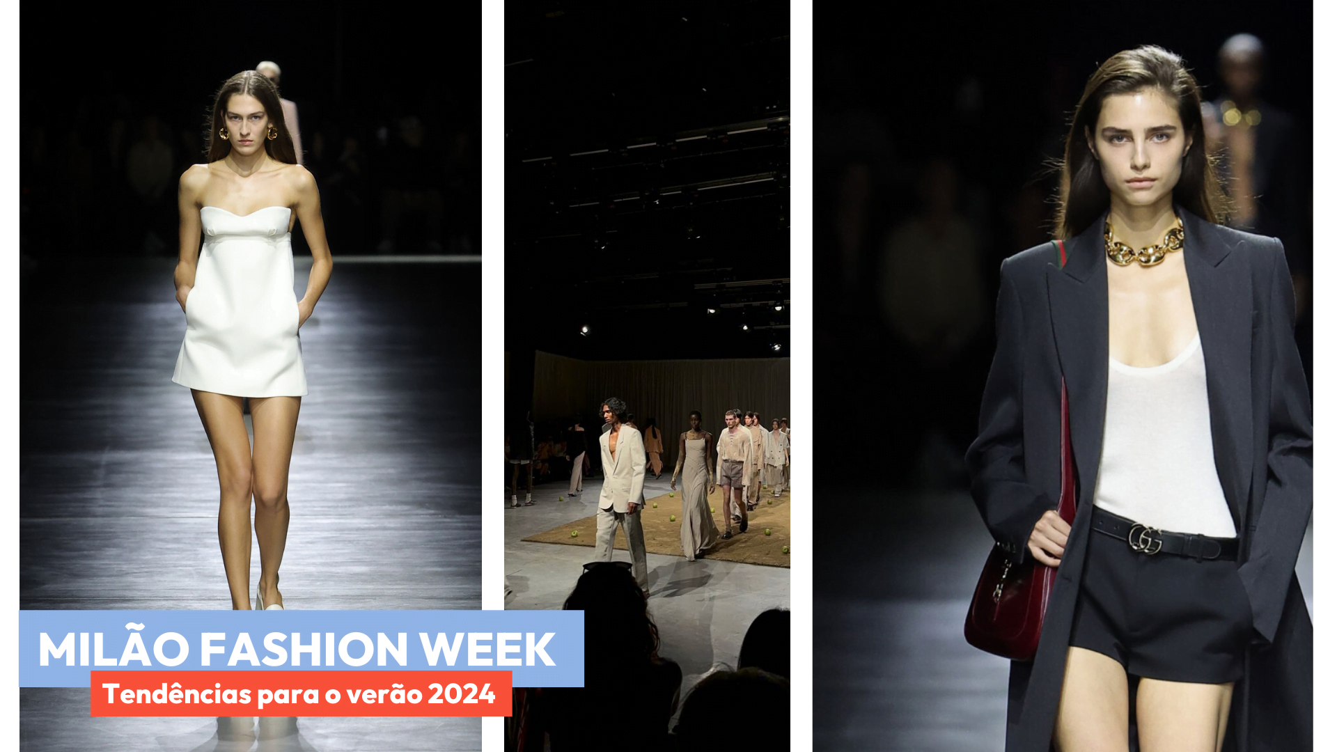 Colagem de fotos como intuito de mostrar os desfiles de moda da semana fashion de Milão + texto indicando o tema.