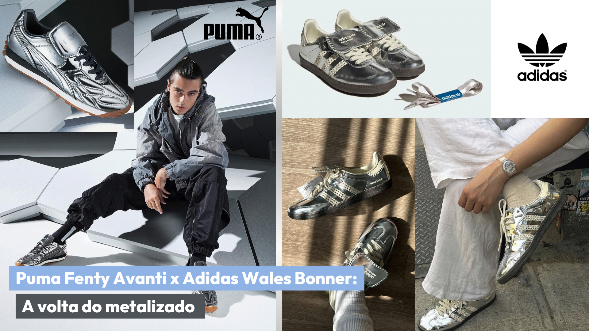 Colagem com modelo de tênis Puma e Adidas para ilustrar o assunto do post.