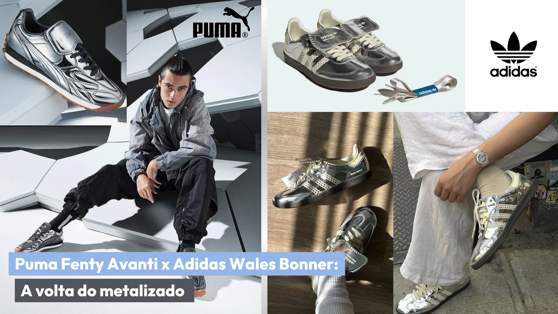 Colagem com modelo de tênis Puma e Adidas para ilustrar o assunto do post.