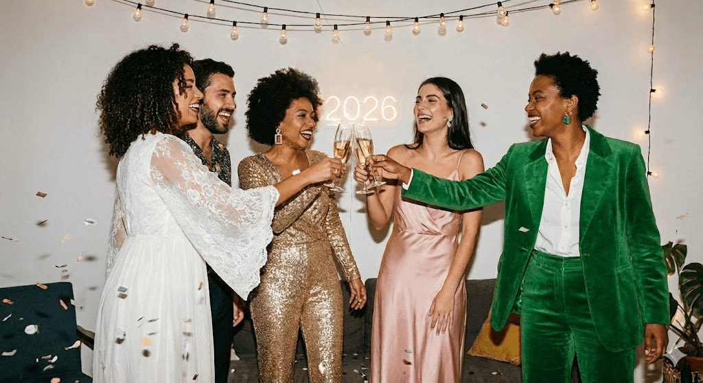 Descubra como montar seu look de ano novo de brechó com base na energia que você quer atrair em 2026. Tem branco, dourado, rosa e muito mais!