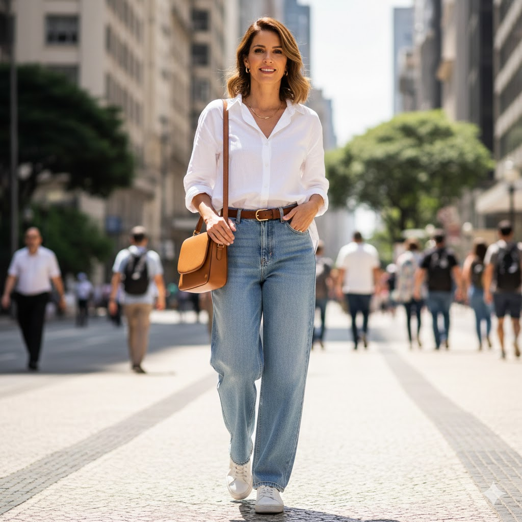 Uma mulher de cabelos castanhos ondulados caminha sorridente por um calçadão ensolarado no centro da cidade, apresentando um look volta à rotina prático e sofisticado. Ela veste uma camisa social branca de linho com as mangas dobradas, levemente colocada para dentro de uma calça jeans de modelagem reta e lavagem clara. O visual é acentuado por acessórios em tom de caramelo, como o cinto fino e a bolsa de ombro estruturada, finalizado com tênis brancos casuais para garantir conforto no dia a dia.