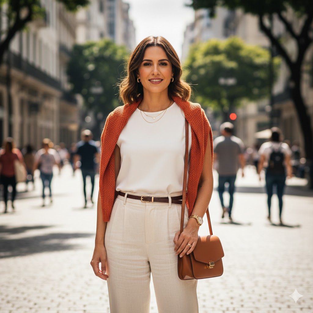 Uma mulher de cabelos castanhos ondulados posa sorridente em uma rua movimentada da cidade, vestindo um look volta à rotina elegante e moderno. Ela usa uma blusa branca de tecido leve, calças de alfaiataria em tom bege claro com cinto fino marrom e um suéter laranja sobreposto aos ombros, que traz um ponto de cor ao visual neutro. A composição é finalizada com uma bolsa tiracolo de couro marrom, relógio dourado e colares delicados, ideal para um dia de trabalho ou compromissos urbanos.