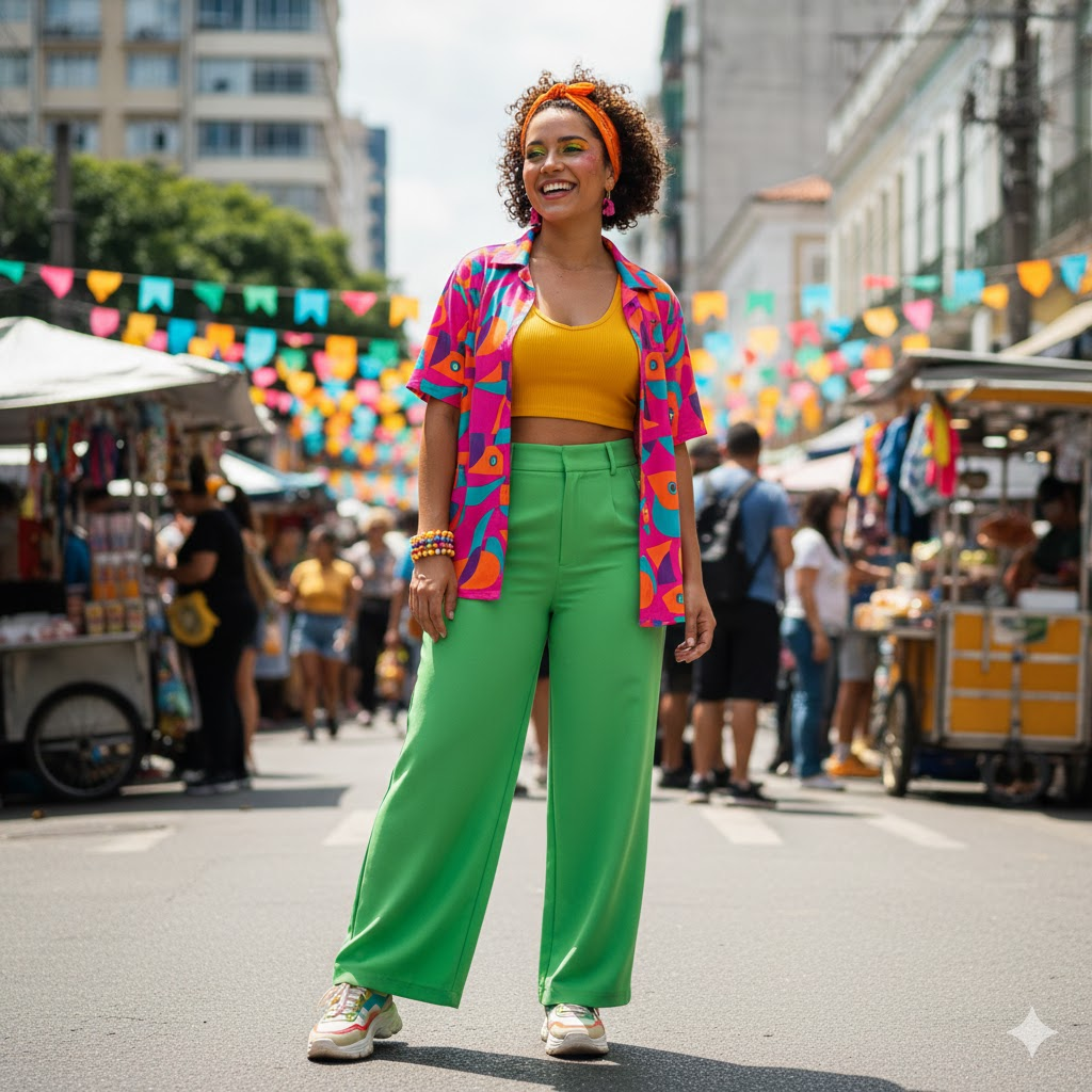 Uma mulher jovem de cabelos cacheados e expressão alegre posa em uma rua ensolarada, decorada com bandeirinhas coloridas de Carnaval. Ela veste um look de carnaval criativo e super colorido, composto por uma calça de alfaiataria verde bandeira, um top cropped amarelo vibrante e uma camisa de manga curta aberta com estampa geométrica em tons de rosa, laranja e azul. O visual é complementado por uma faixa laranja no cabelo, brincos de pompom rosa, várias pulseiras coloridas de miçangas e tênis casuais de solado robusto. Ao fundo, observa-se a movimentação de um bloco de rua com barracas de comida e foliões.