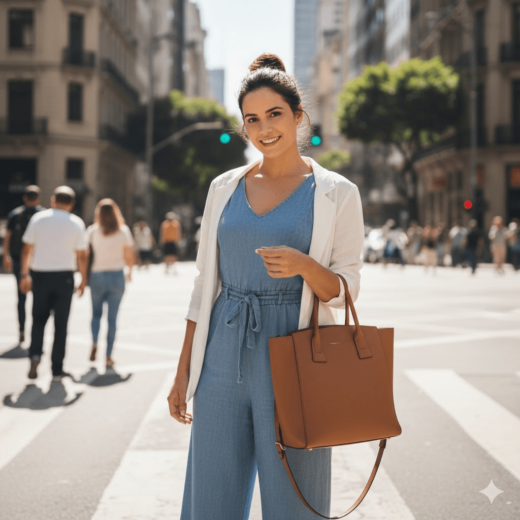 Uma mulher sorridente caminha por uma faixa de pedestres em uma rua movimentada de São Paulo, usando um look leve para o calor. Ela veste um macacão azul de tecido fluido com amarração na cintura, sobreposto por um blazer branco aberto, e carrega uma bolsa estruturada de couro caramelo. O fundo urbano mostra prédios e outras pessoas, com a luz do sol reforçando a estética de um dia quente na cidade.