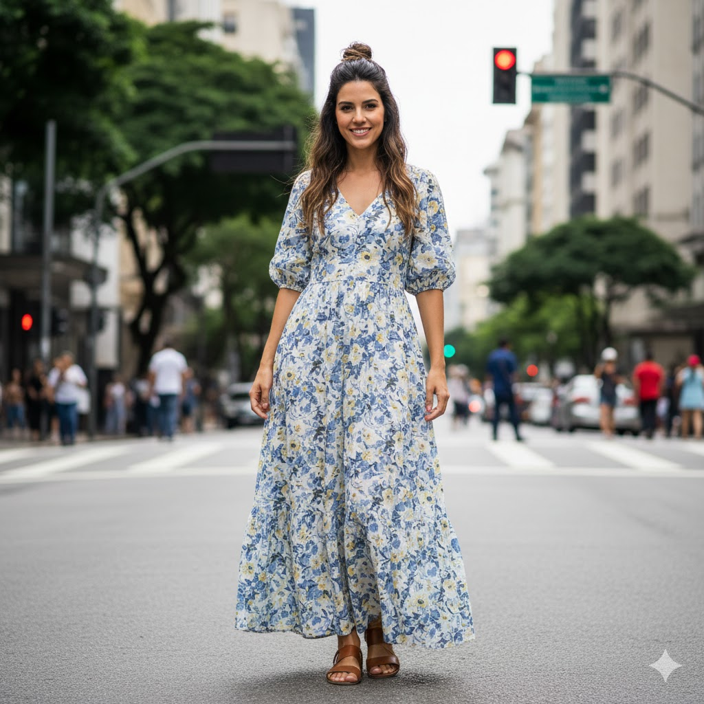 Uma mulher sorridente posa no centro de uma avenida urbana em um dia ensolarado, vestindo um look leve para o calor. Ela usa um vestido longo floral em tons de azul, branco e amarelo, com mangas bufantes e decote em V, combinado com sandálias rasteiras de couro marrom. O cabelo está preso em um meio coque e o fundo mostra uma rua arborizada com prédios e semáforos, capturando uma estética de moda de rua.