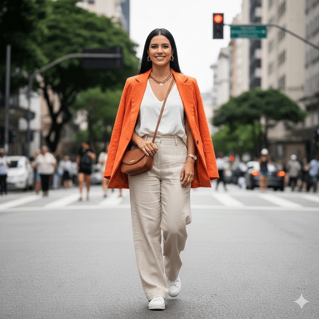 Uma mulher caminha sorridente por uma avenida em São Paulo vestindo um look leve para o calor com toque profissional. Ela usa uma calça de linho bege de corte reto, blusa branca fluida e um blazer laranja vibrante jogado sobre os ombros. O visual é complementado por tênis brancos, uma bolsa tiracolo marrom e acessórios dourados. Ao fundo, observa-se o movimento urbano com árvores, prédios e semáforos sob a luz do dia.
