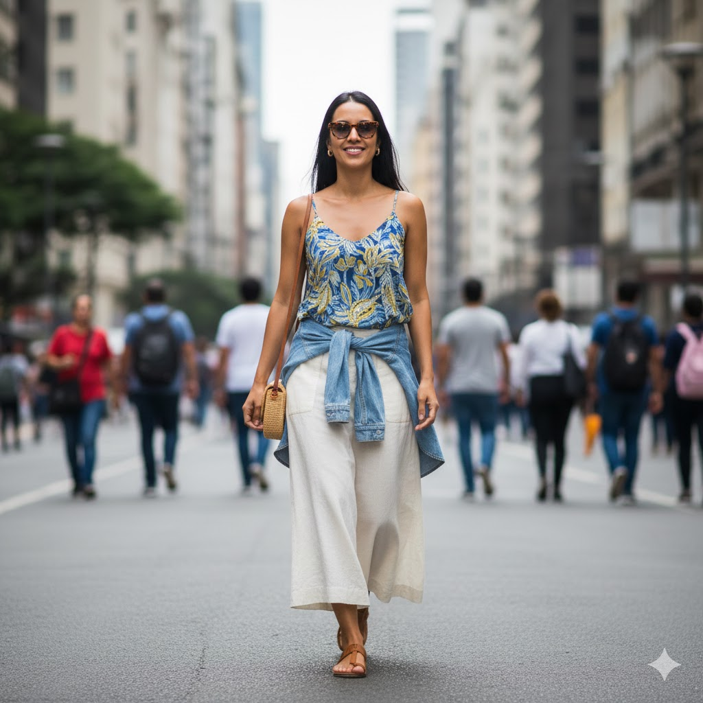Uma mulher sorridente caminha pelo centro de uma avenida urbana movimentada, usando um look leve para o calor. Ela veste uma regata de alças finas com estampa floral em tons de azul e dourado, combinada com uma calça pantacourt de linho cru e sandálias rasteiras. Uma camisa jeans está amarrada na cintura, servindo como uma terceira peça funcional, e o visual é finalizado com óculos de sol e uma bolsa redonda de palha.