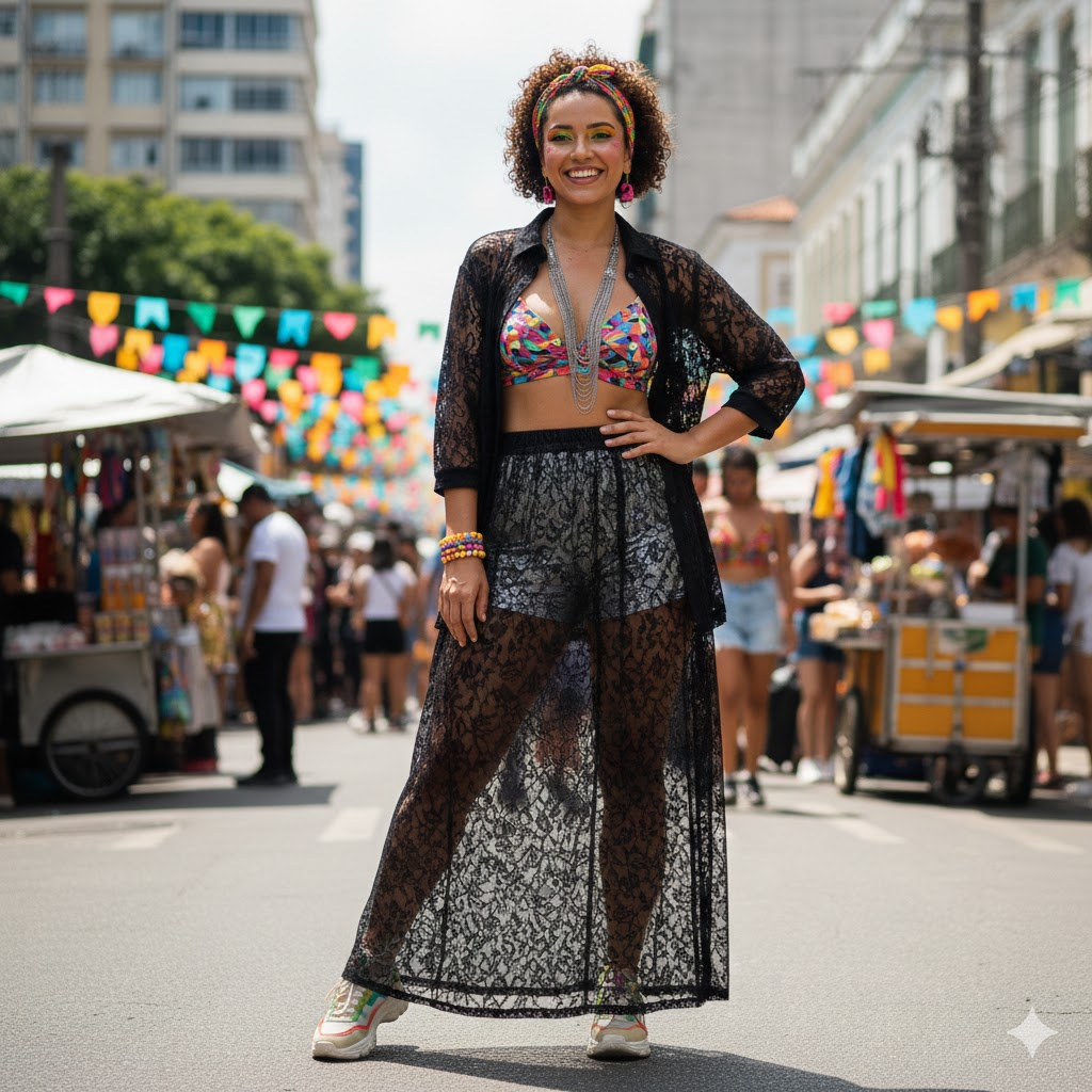 Uma mulher jovem de cabelos cacheados e sorriso aberto posa em uma rua festiva e ensolarada, decorada com bandeirinhas coloridas. Ela apresenta um look de carnaval criativo que sobrepõe peças casuais e festivas: um top de biquíni com estampa geométrica colorida por baixo de uma túnica longa e aberta de renda preta transparente, combinada com shorts prateados de paetês. O visual é finalizado com uma tiara de laço estampada, maxicolar prateado, pulseiras de miçangas coloridas e tênis esportivos, ideal para aproveitar os blocos de rua com estilo e conforto.