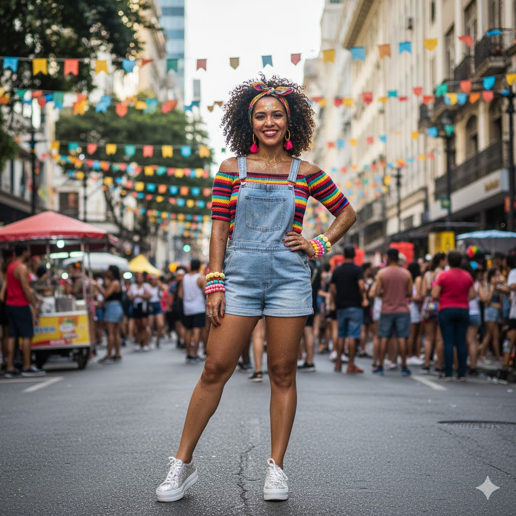 Uma mulher jovem e sorridente com cabelo cacheado volumoso posa no centro de uma rua decorada com bandeirinhas coloridas durante um bloco de rua. Ela veste um look de carnaval criativo composto por uma jardineira jeans curta sobre um top listrado multicolorido de ombro a ombro. O visual é finalizado com acessórios vibrantes, incluindo uma tiara de laço, brincos de pompom rosa, pulseiras coloridas e um tênis prateado com glitter. O ambiente ao fundo mostra uma multidão festiva e prédios urbanos sob a luz do dia.