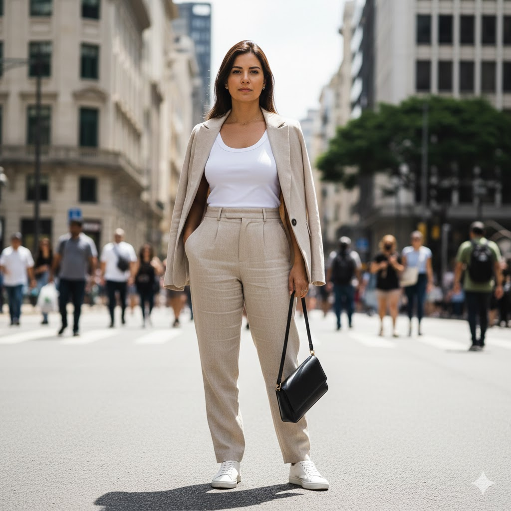Uma mulher de cabelos castanhos longos e lisos posa no centro de uma avenida movimentada, transmitindo uma imagem profissional e moderna. Ela utiliza um look volta à rotina composto por um conjunto de alfaiataria em linho bege (blazer sobre os ombros e calça de cintura alta), combinado com uma regata branca básica. O visual equilibrado é finalizado com tênis brancos casuais e uma bolsa de ombro preta estruturada, enquanto pedestres e prédios clássicos compõem o cenário urbano ao fundo sob a luz do dia.