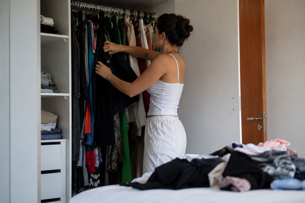 Mulher brasileira organizando o guarda-roupa em um quarto residencial, separando peças de forma natural enquanto avalia opções para vender roupas usadas; ambiente doméstico com armário aberto e roupas sobre a cama.