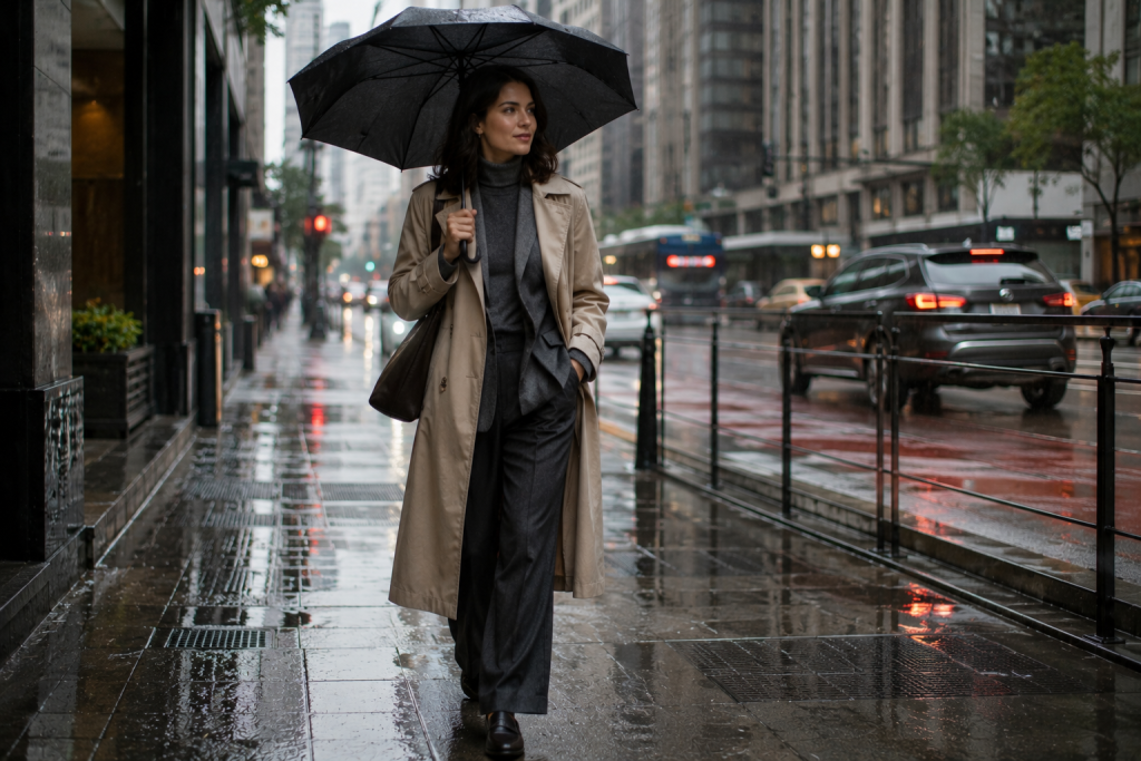 Mulher de cabelos escuros caminhando com guarda-chuva nas ruas de São Paulo usando um visual sofisticado com sobreposições e alfaiataria, representando a versatilidade dos looks de outono 
para enfrentar as mudanças de temperatura da cidade.