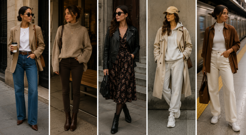 Grade horizontal com cinco produções femininas inspiradas em diferentes tendências de looks de outono, incluindo blazer com jeans, tricô oversized, jaqueta de couro com vestido, conjunto monocromático com moletom premium e camisa aberta em sobreposição, em composições urbanas sofisticadas.