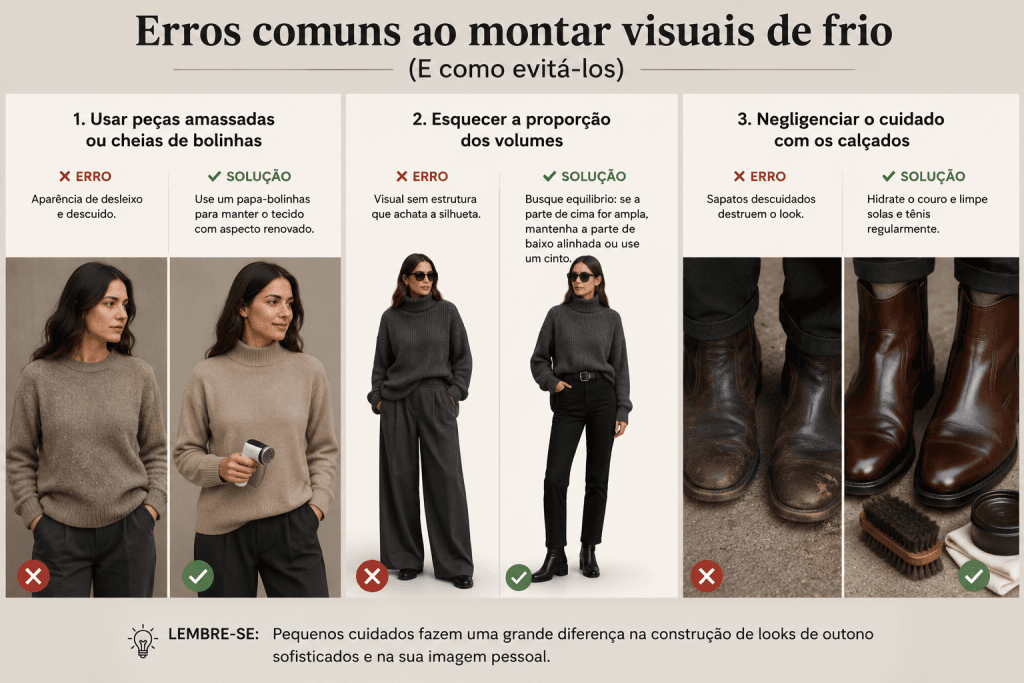 Infográfico visual mostrando erros comuns ao montar looks de outono, incluindo roupas com bolinhas, proporções desequilibradas entre peças volumosas e calçados mal cuidados, com comparações visuais de como corrigir cada situação para um visual mais elegante.