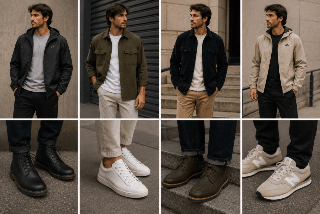 Grade horizontal com produções masculinas inspiradas em looks de outono, incluindo overshirts abertas sobre camiseta básica, jaquetas corta-vento esportivas, botas de couro robustas e tênis casuais premium em composições urbanas modernas.