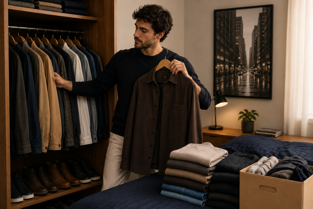 Homem organizando o guarda-roupa e separando roupas para renovação de estilo, analisando peças em um quarto moderno, representando a preparação inteligente para montar novos looks de outono com praticidade e versatilidade.