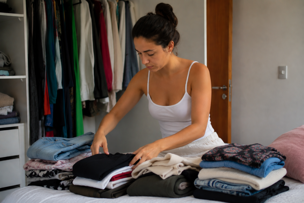 Mulher brasileira organizando pilhas de roupas sobre a cama após separar peças do guarda-roupa, preparando itens para vender roupas usadas; ambiente doméstico natural com armário aberto ao fundo.