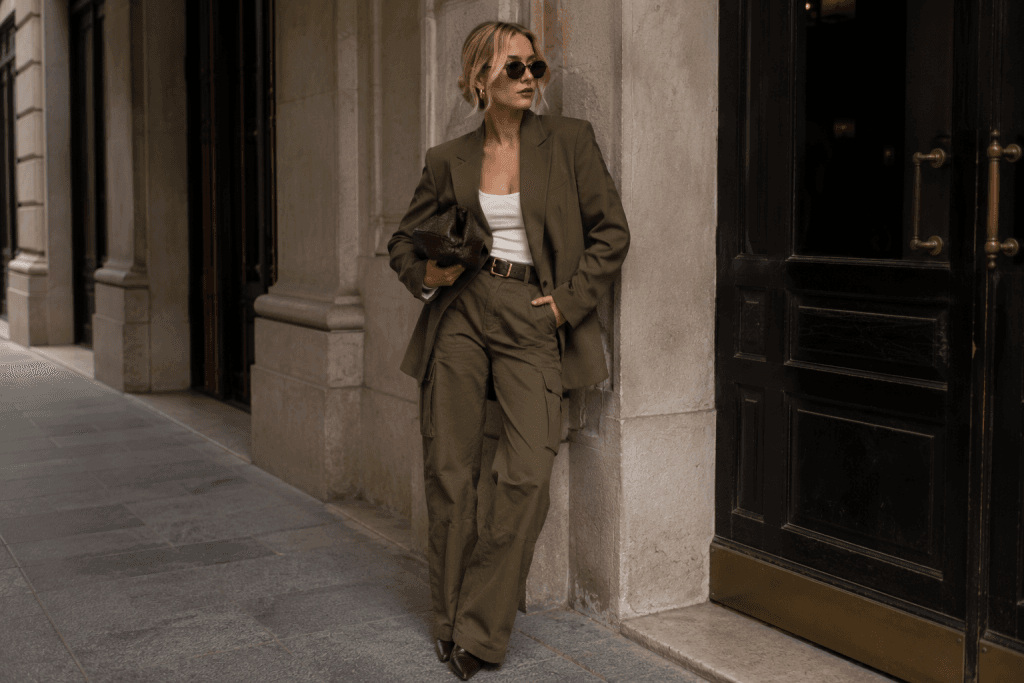 Mulher loira usando blazer estruturado e calça cargo em verde oliva, compondo uma produção sofisticada e moderna inspirada nas principais tendências de looks de outono em cenário urbano elegante.