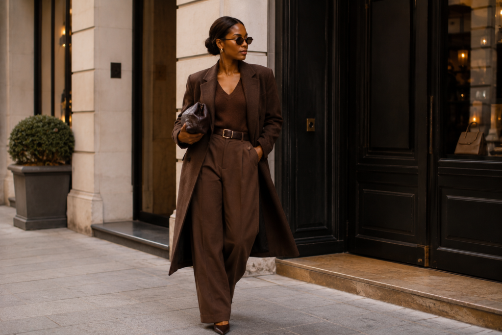 Mulher negra usando produção monocromática em tons terrosos, com alfaiataria sofisticada em marrom chocolate e estética quiet luxury, representando uma tendência elegante e minimalista de looks de outono em cenário urbano.