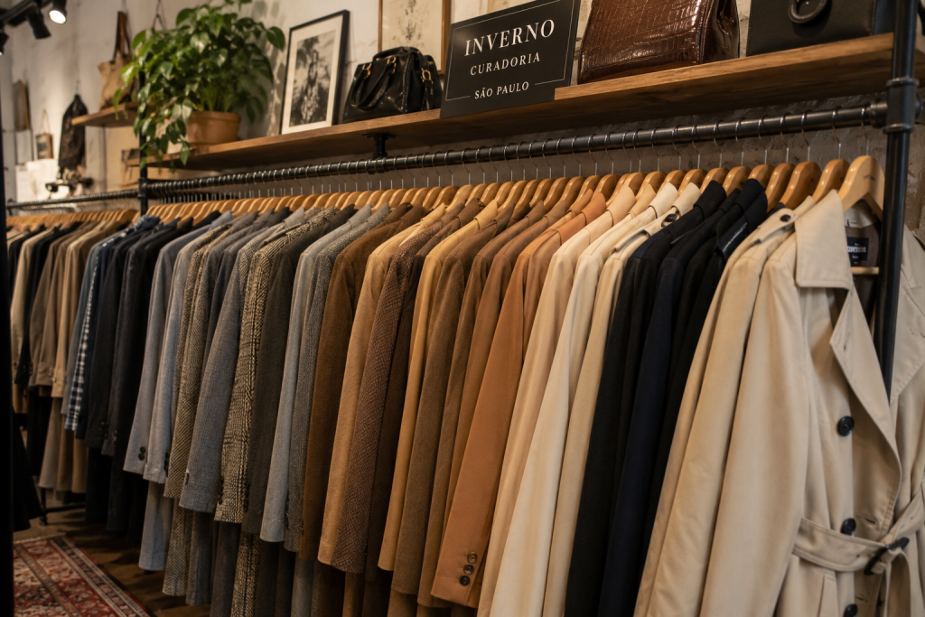 Arara organizada com casacos e blazers para quem busca saber quando vender roupa usada e como vender roupa de inverno em SP.