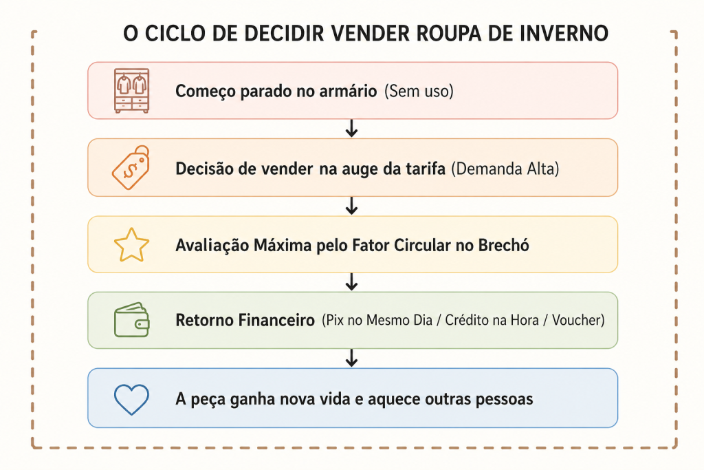 Infográfico mostrando o ciclo de decisão para vender roupas de inverno: casaco parado no armário, decisão de vender durante o auge do frio, avaliação pelo fator circular no brechó, retorno financeiro imediato e reaproveitamento da peça por outra pessoa.