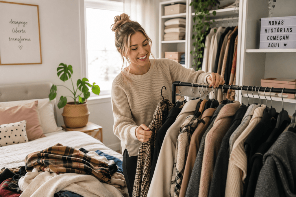 Mulher realizando uma faxina no guarda-roupa para separar casacos e blusas de frio para desapego.