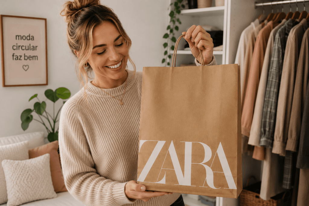 Mulher segurando uma sacola da Zara após vender roupas em um brechó, ilustrando o Vale Circular como crédito para comprar novas peças e incentivar a moda circular.