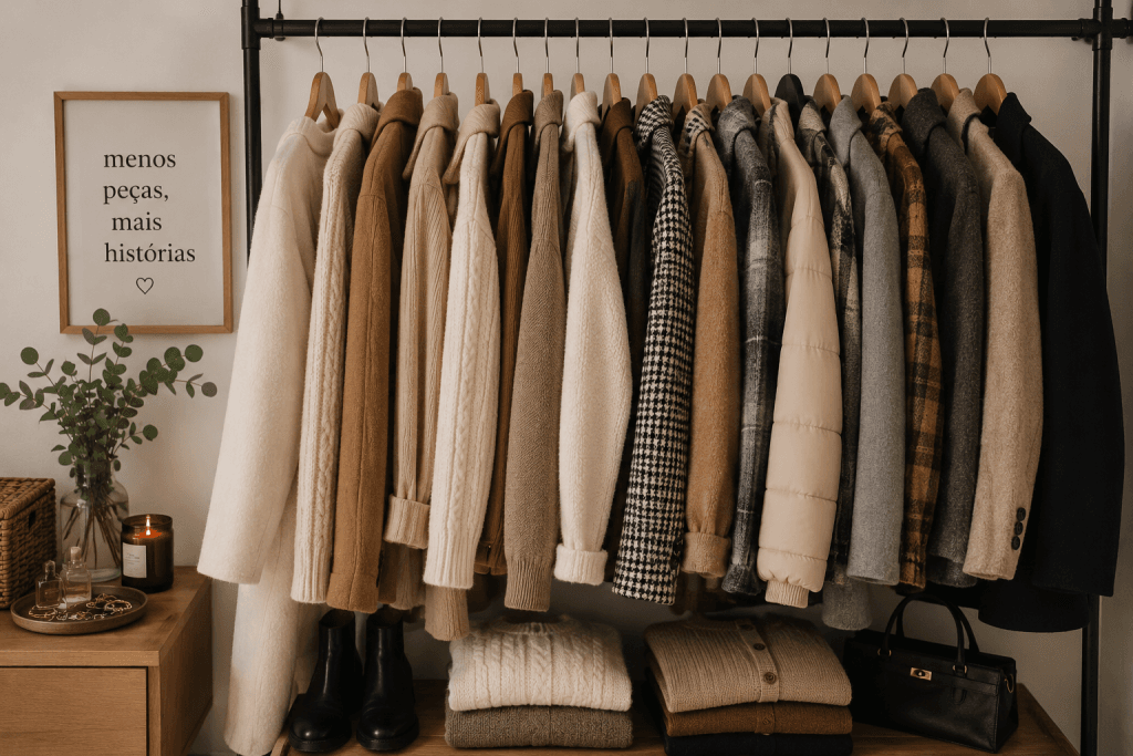 Cabideiro com blazers e tricots em tons neutros separados após uma faxina no guarda-roupa para venda em brechó.
