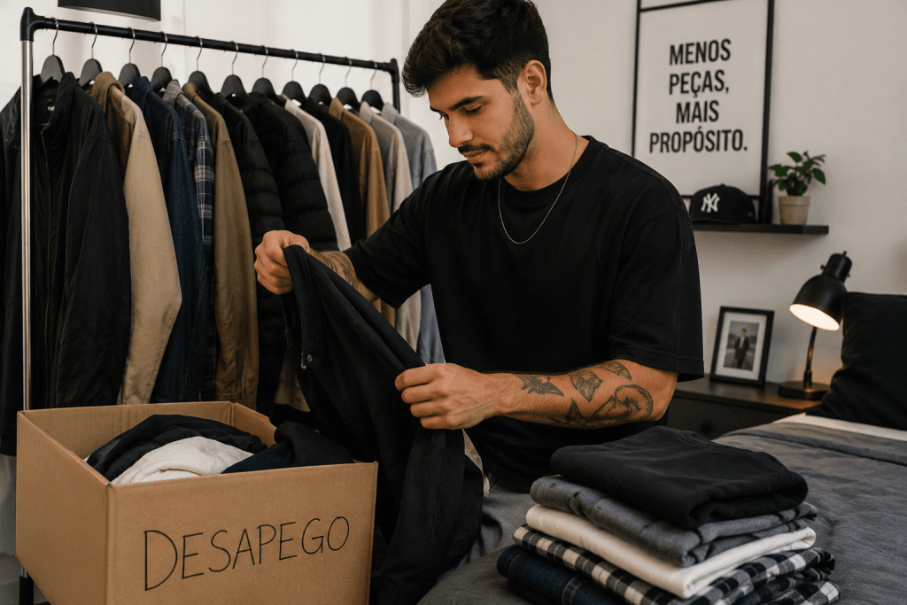Homem decidindo vender roupa masculina usada em loja de moda circular durante o Dia dos Pais.