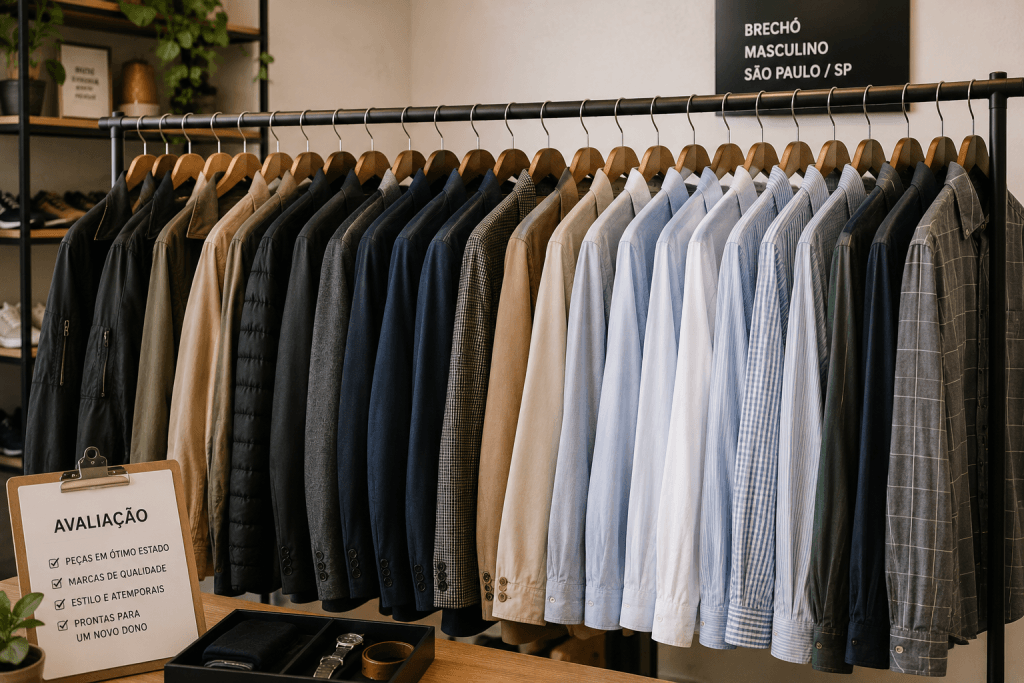 Cabideiro organizado com jaquetas e camisas para quem deseja vender roupa masculina usada em SP.