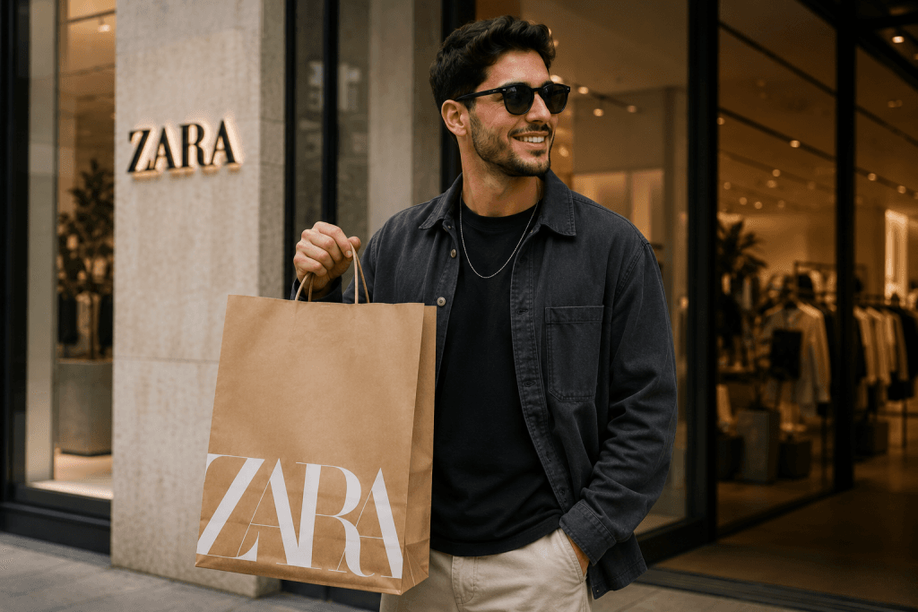 Homem segurando uma sacola da Zara após vender roupas em um brechó, ilustrando o Vale Circular como crédito para renovar o guarda-roupa por meio da moda circular.