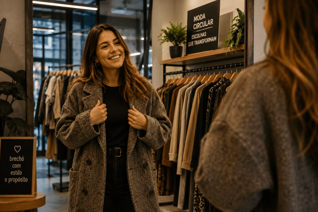 Mulher decidindo comprar roupa de inverno elegante e acessível nas araras da Daz Roupaz.