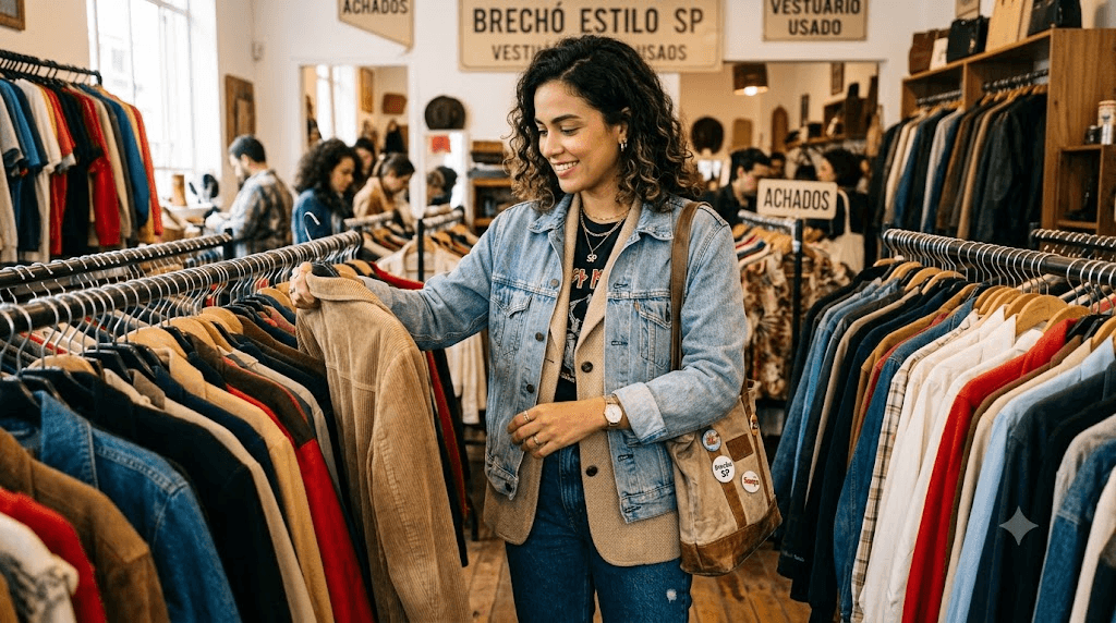 Uma mulher usando blusas leves e jaquetas para representar quem busca roupas de meia-estação na Daz Roupaz.