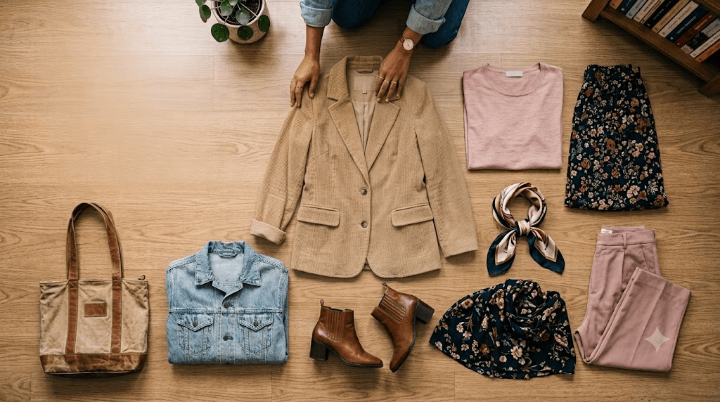 Uma mulher apresentando suas peças de roupa meia-estação estiradas no chão